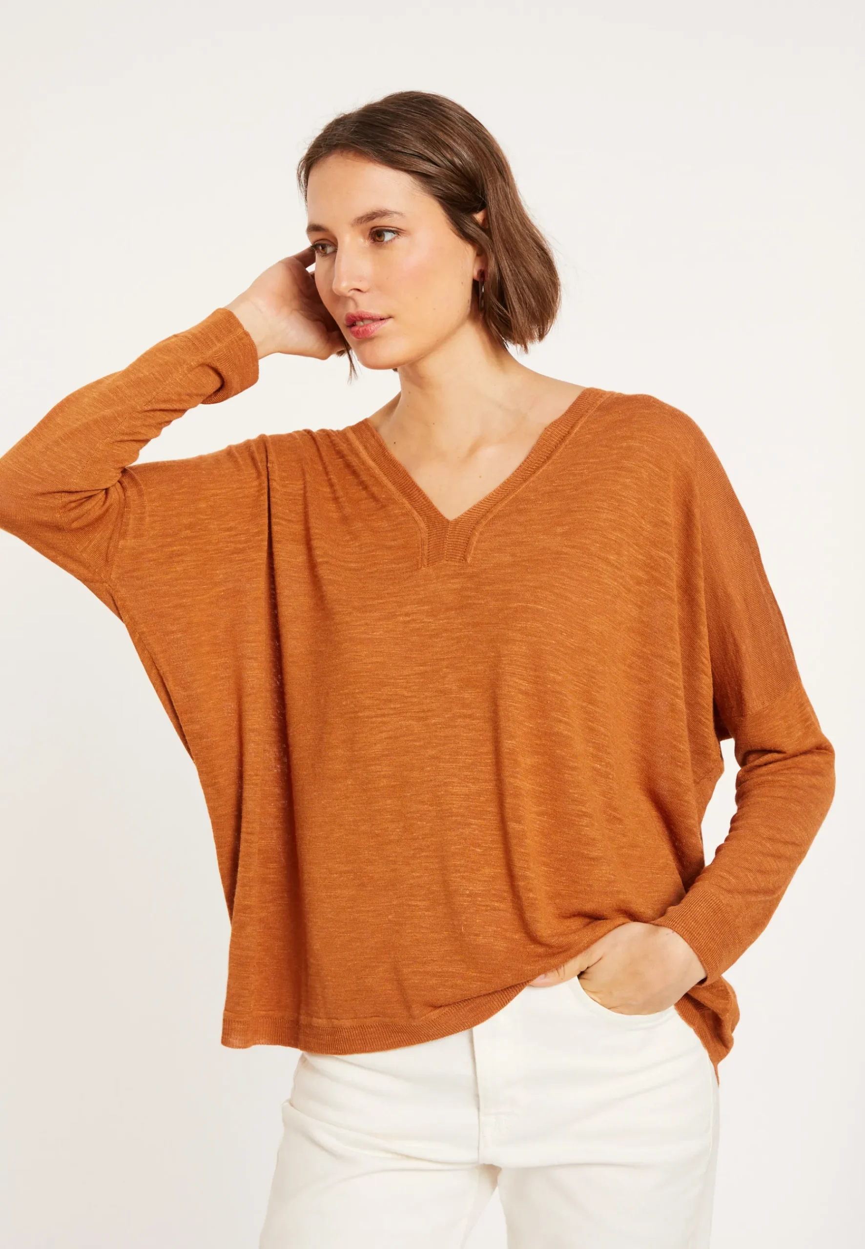 Montagut T-Shirts Et Débardeurs | Pulls-T-shirt col v en lin flammé - Beja 07-Marron