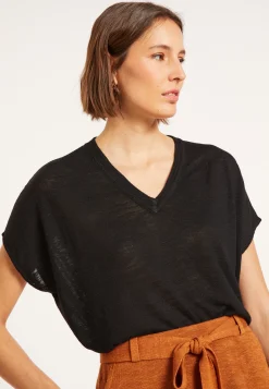Montagut T-Shirts Et Débardeurs-T-shirt col V en lin flammé - Marra 01-Noir