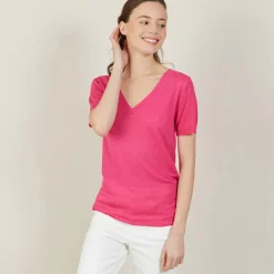 Montagut T-Shirts Et Débardeurs-T-shirt col V en lin flammé - Bountie 91-Fuchsia