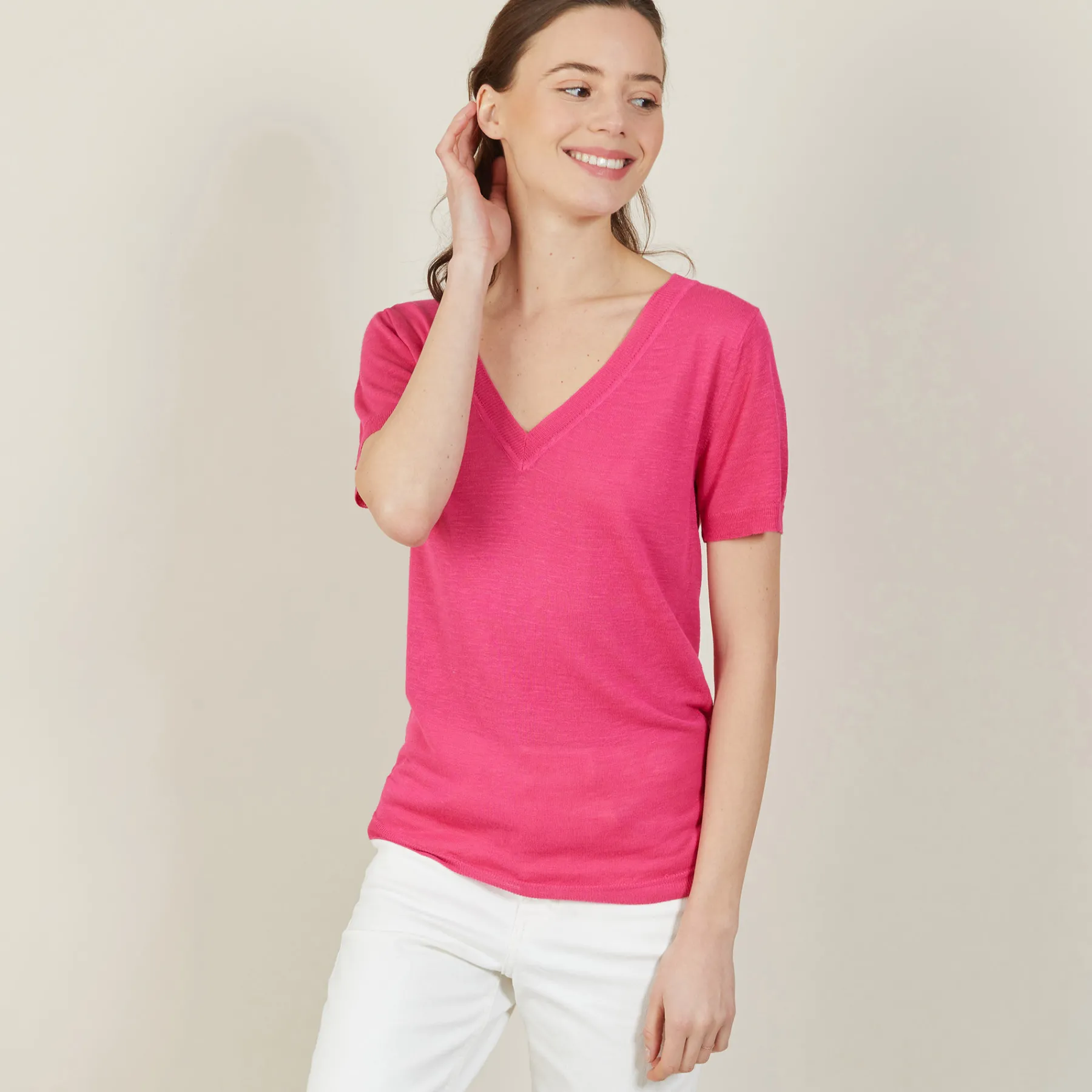 Montagut T-Shirts Et Débardeurs-T-shirt col V en lin flammé - Bountie 91-Fuchsia