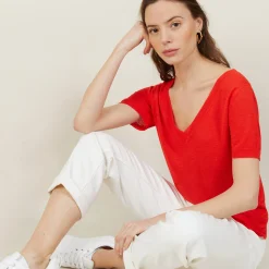 Montagut T-Shirts Et Débardeurs-T-shirt col V en lin flammé - Bountie 52-Rouge