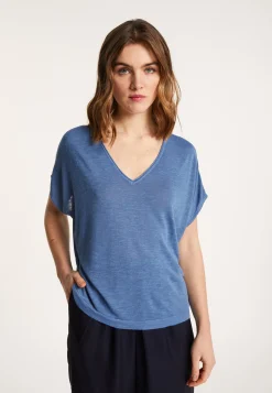 Montagut T-Shirts Et Débardeurs-T-shirt col V en lin flammé - Larra 03-Bleu foncé