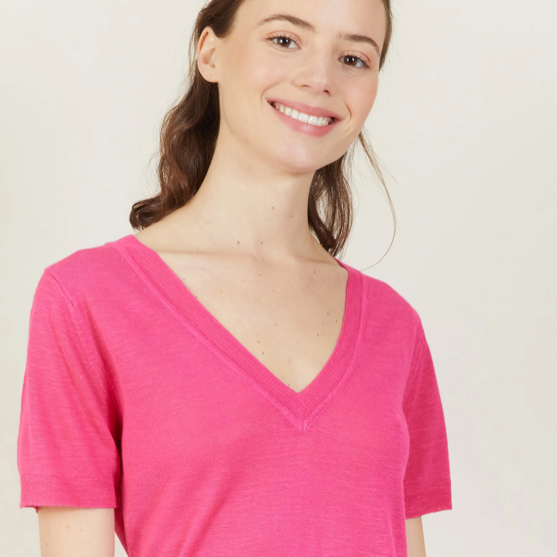 Montagut T-Shirts Et Débardeurs-T-shirt col V en lin flammé - Bountie 91-Fuchsia