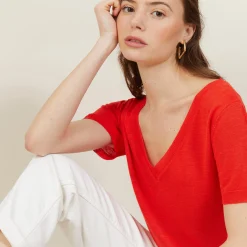 Montagut T-Shirts Et Débardeurs-T-shirt col V en lin flammé - Bountie 52-Rouge