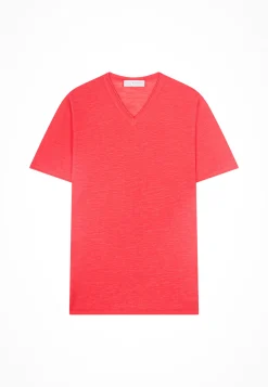Montagut Polos Et T-Shirts-T-shirt col V en lin flammé - Reuben 52-Rouge