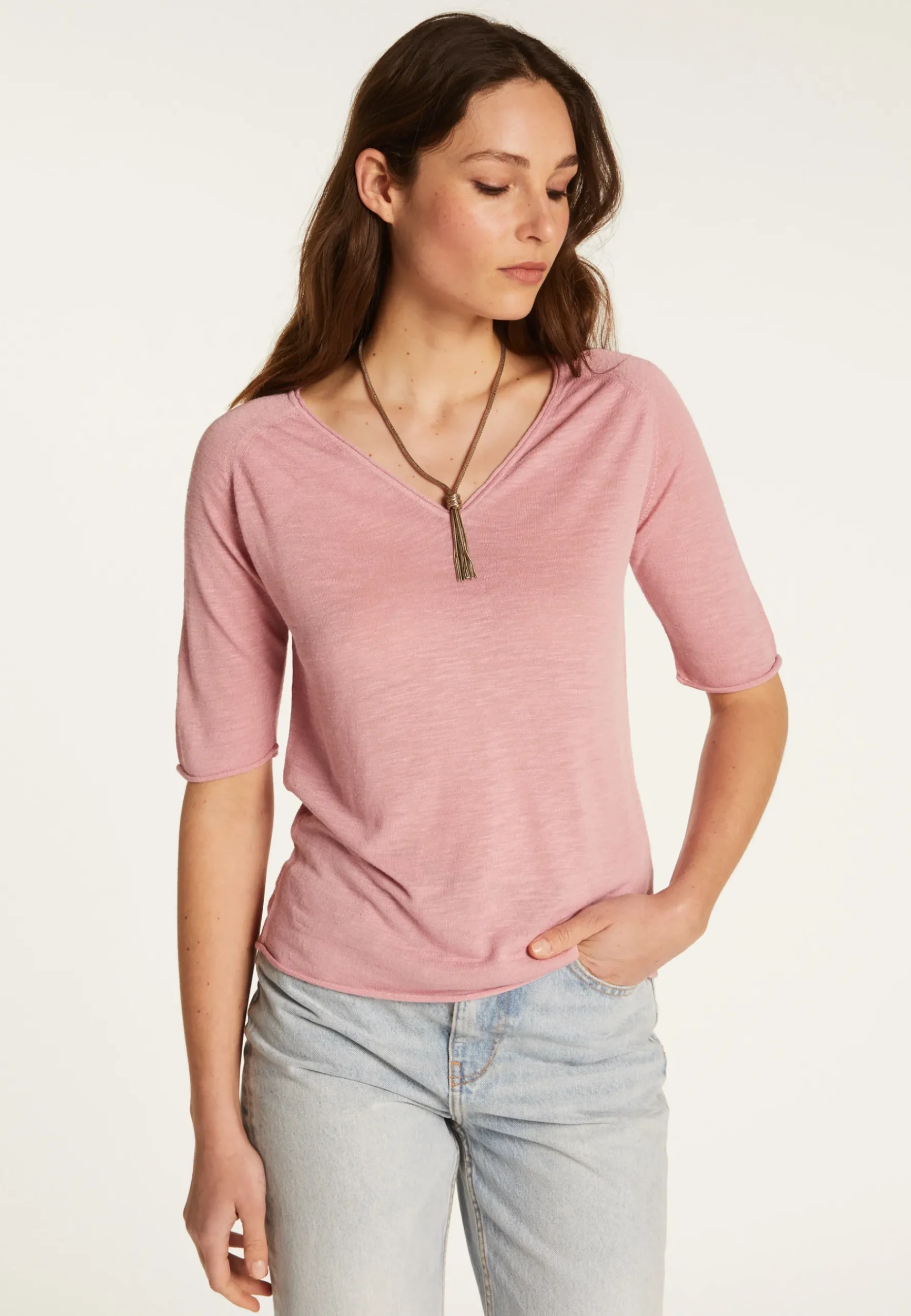 Montagut T-Shirts Et Débardeurs-T-shirt col V en lin flammé - Bonbon 24-Rose clair