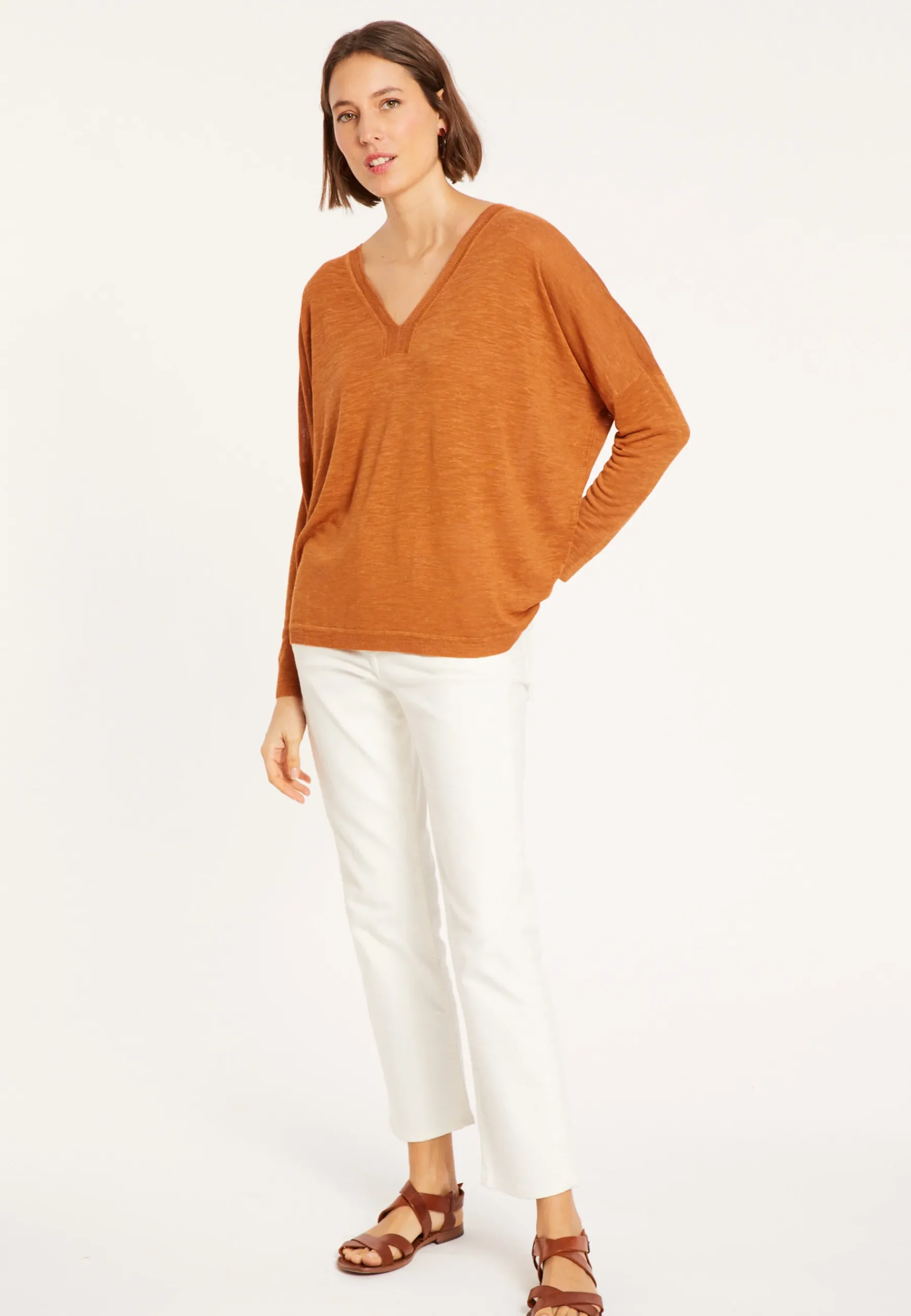 Montagut T-Shirts Et Débardeurs | Pulls-T-shirt col v en lin flammé - Beja 07-Marron
