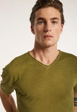 Montagut Polos Et T-Shirts-T-shirt col V en lin flammé - Reuben 83-Kaki