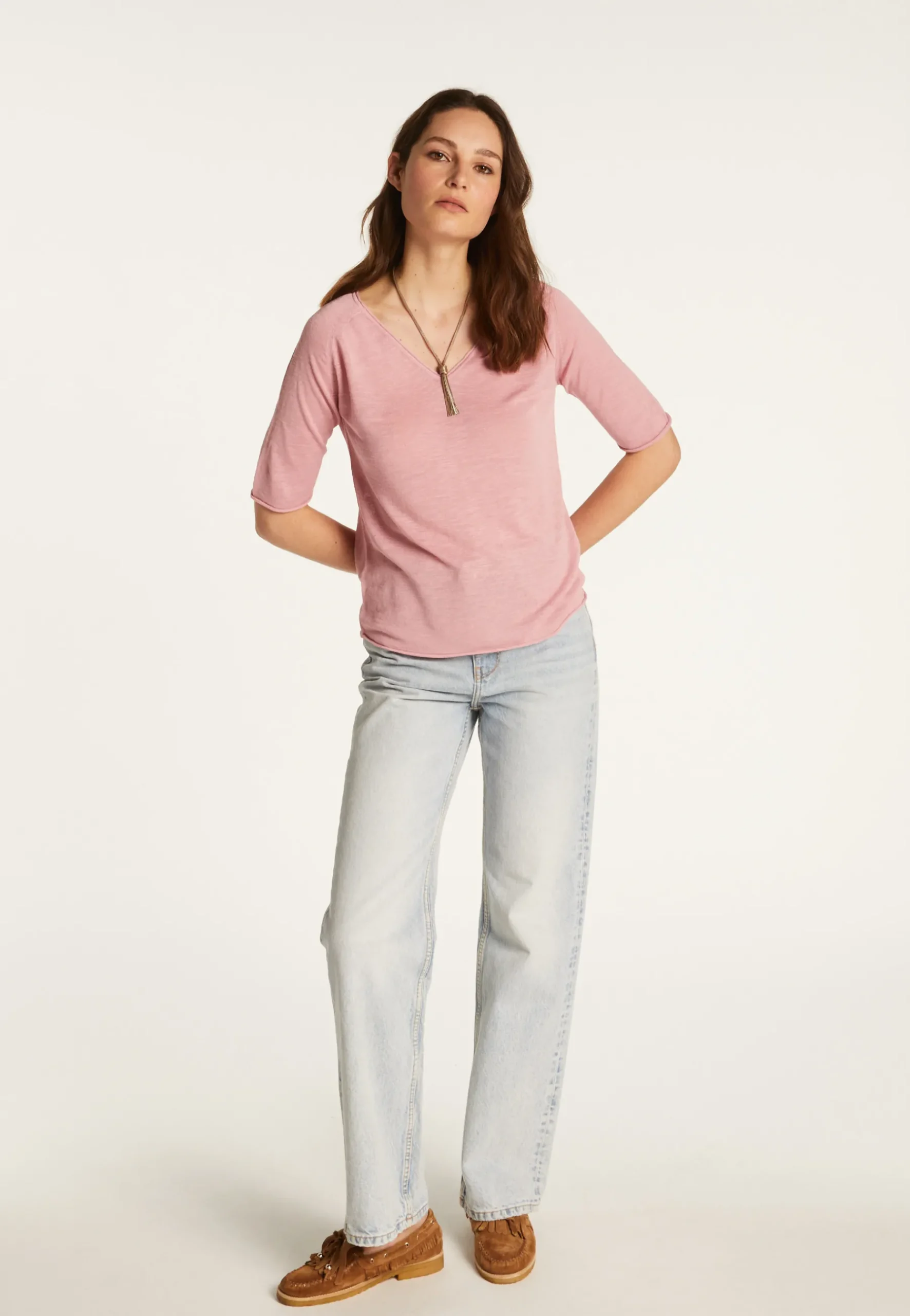 Montagut T-Shirts Et Débardeurs-T-shirt col V en lin flammé - Bonbon 24-Rose clair