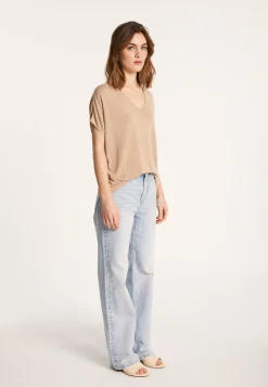 Montagut T-Shirts Et Débardeurs-T-shirt col V en lin flammé - Larra 13-Beige moyen
