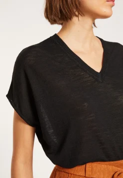 Montagut T-Shirts Et Débardeurs-T-shirt col V en lin flammé - Marra 01-Noir