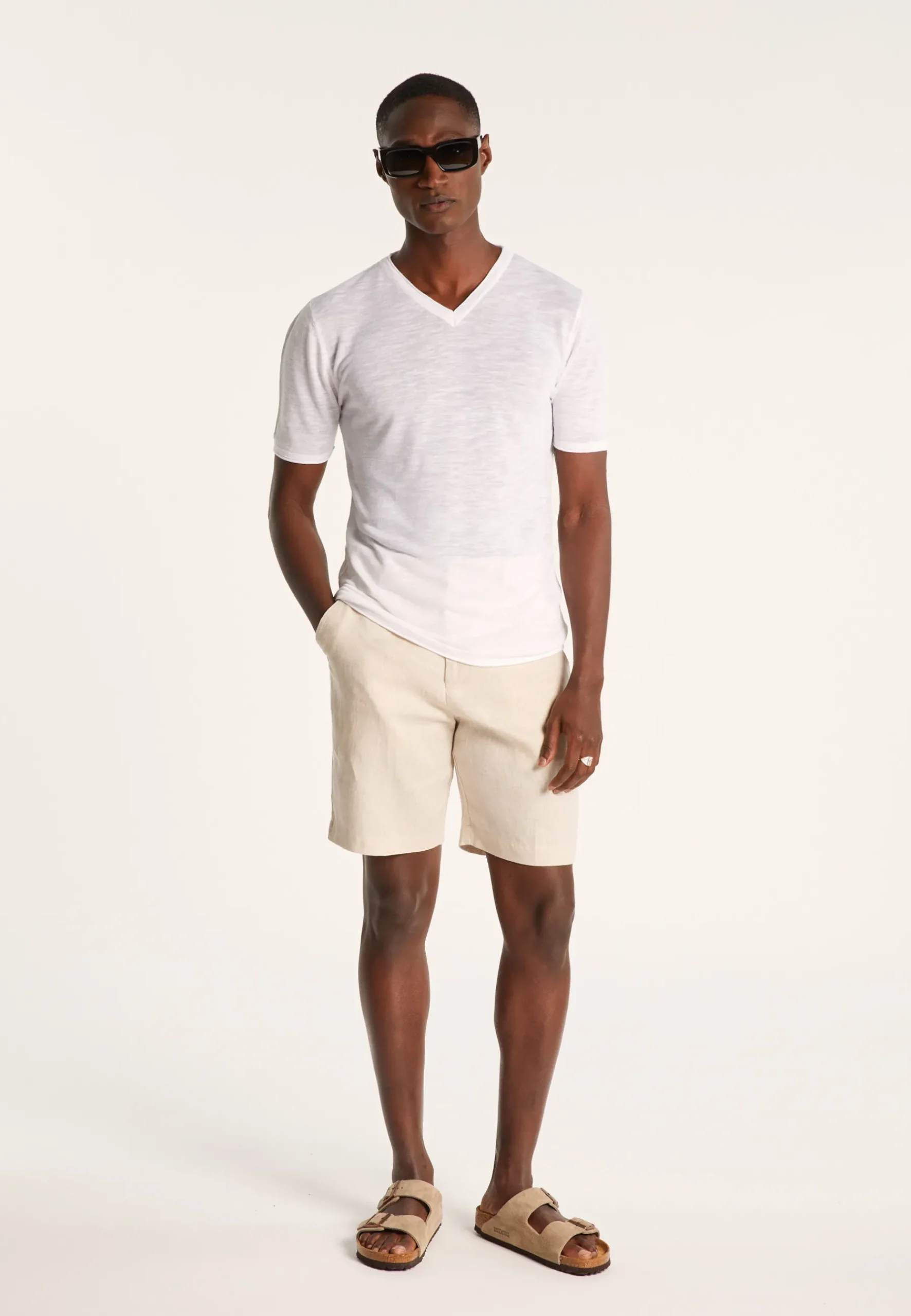 Montagut Polos Et T-Shirts-T-shirt col V en lin flammé - Reuben 02-Blanc
