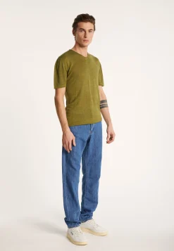 Montagut Polos Et T-Shirts-T-shirt col V en lin flammé - Reuben 83-Kaki