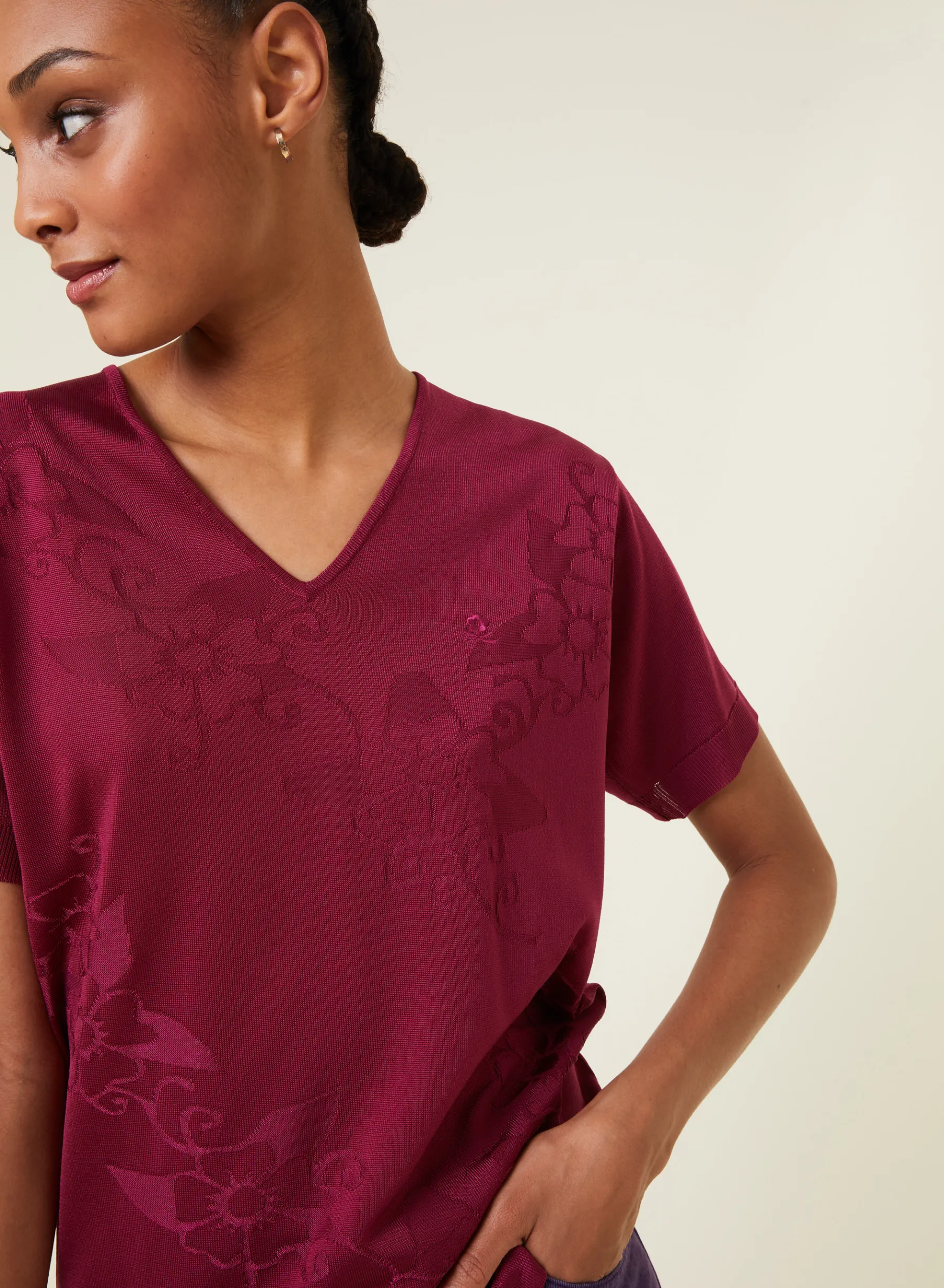 Montagut T-Shirts Et Débardeurs-T-shirt col V Fil Lumière manches courtes à motifs - Elise 26-Rose foncé