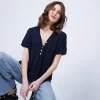 Montagut T-Shirts Et Débardeurs-T-shirt en lin col V boutonné - Maati 05-Bleu marine
