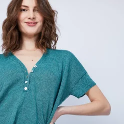 Montagut T-Shirts Et Débardeurs-T-shirt en lin col V boutonné - Maati 21-Vert foncé