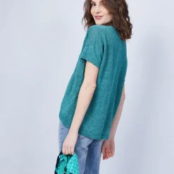 Montagut T-Shirts Et Débardeurs-T-shirt en lin col V boutonné - Maati 21-Vert foncé