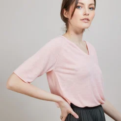 Montagut T-Shirts Et Débardeurs-T-shirt en lin flammé manches coudes - Bonbon 24-Rose clair