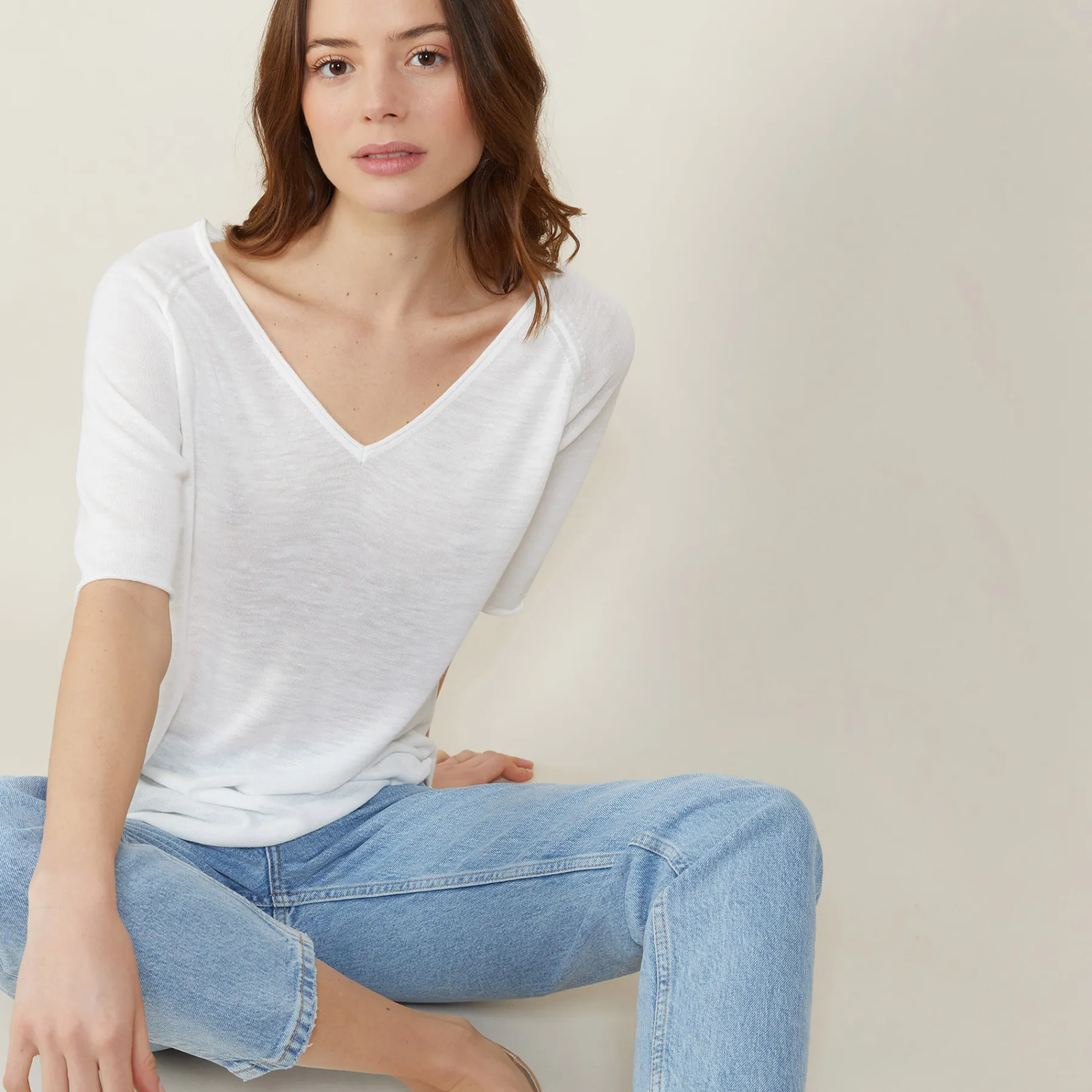 Montagut T-Shirts Et Débardeurs-T-shirt manches coudes en lin flammé - Bonbon 02-Blanc