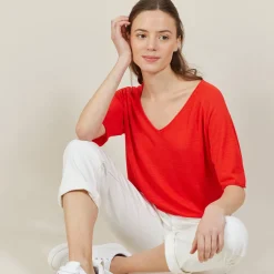 Montagut T-Shirts Et Débardeurs-T-shirt manches coudes en lin flammé - Bonbon 52-Rouge