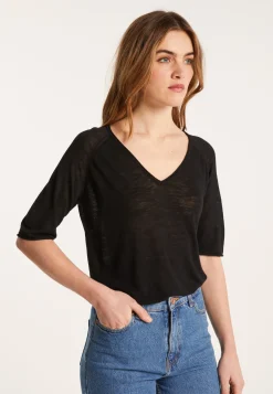 Montagut T-Shirts Et Débardeurs-T-shirt manches coudes en lin flammé - Bonbon 01-Noir