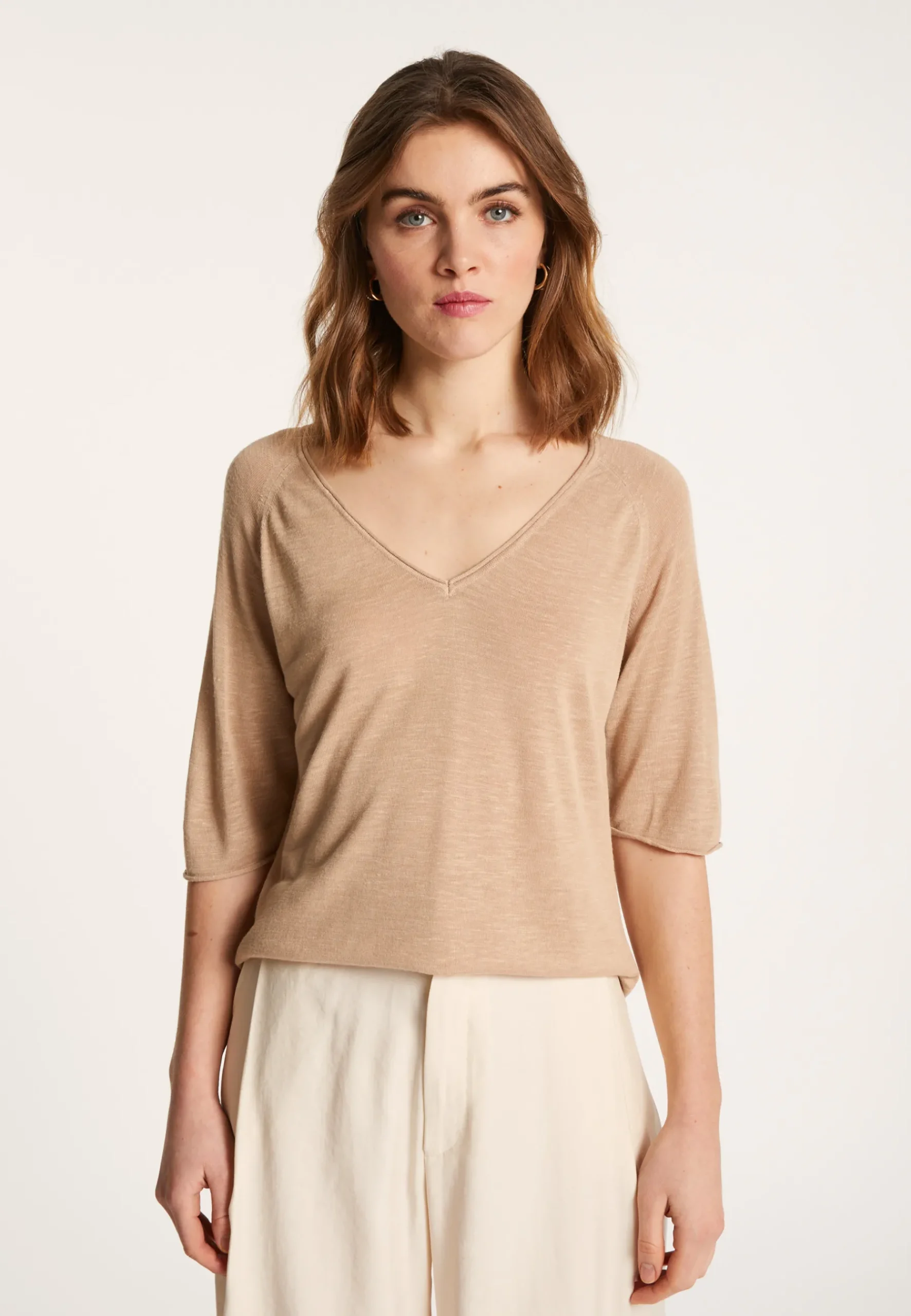 Montagut T-Shirts Et Débardeurs-T-shirt manches coudes en lin flammé - Bonbon 13-Beige moyen