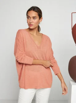 Montagut T-Shirts Et Débardeurs | Pulls-T-shirt oversize col v en lin flammé - Beja 24-Rose clair