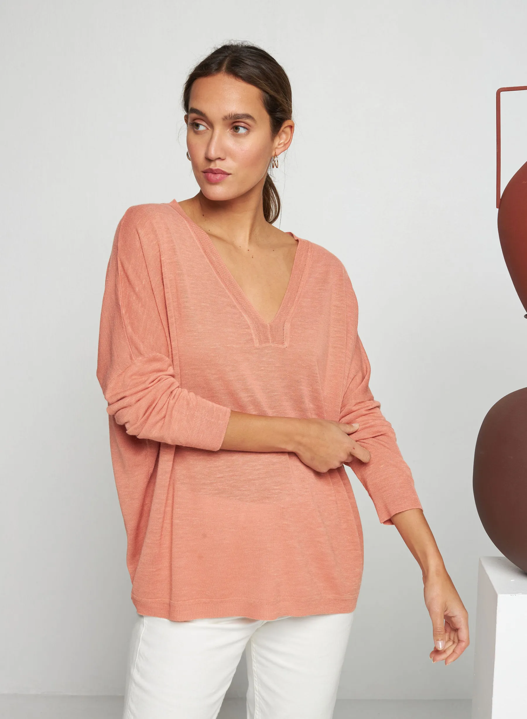 Montagut T-Shirts Et Débardeurs | Pulls-T-shirt oversize col v en lin flammé - Beja 24-Rose clair