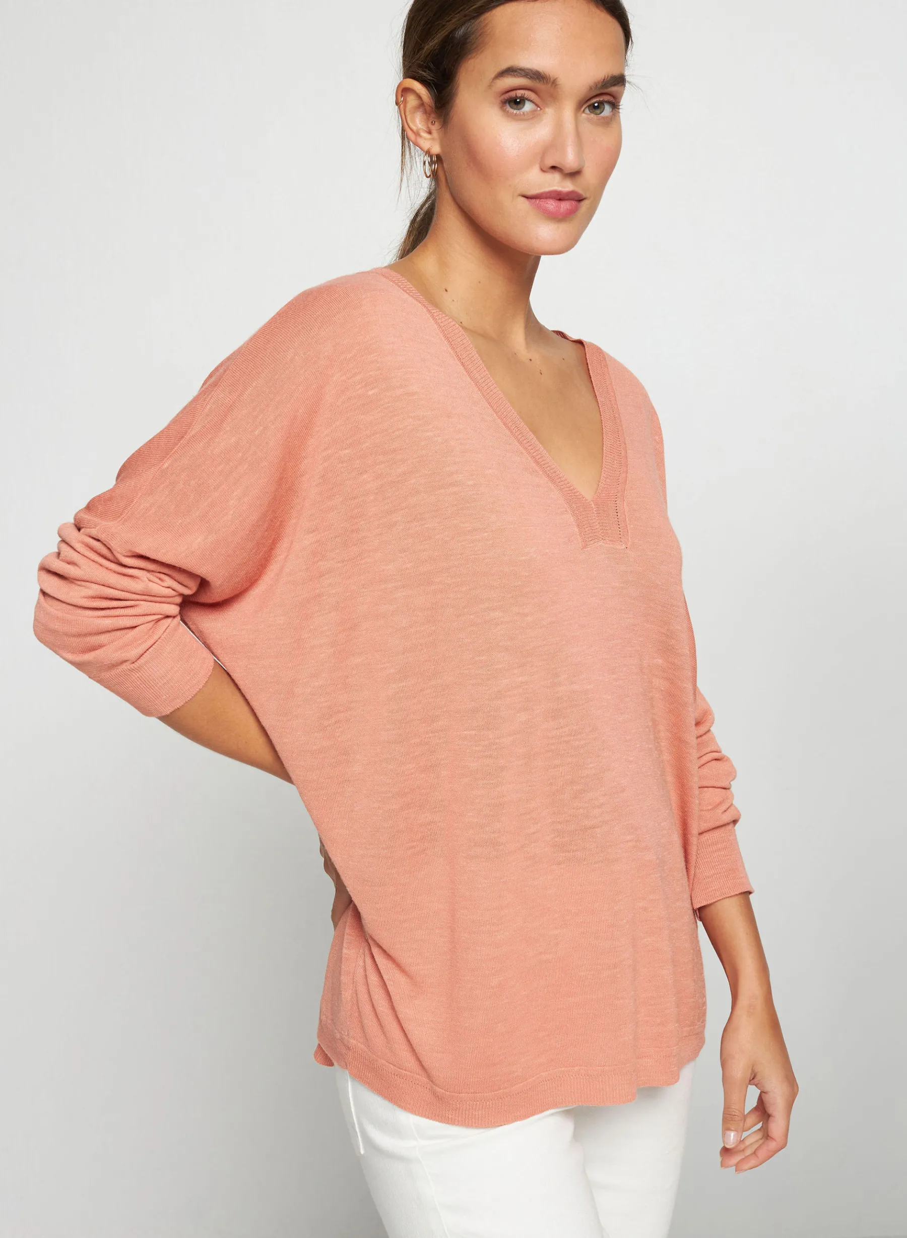 Montagut T-Shirts Et Débardeurs | Pulls-T-shirt oversize col v en lin flammé - Beja 24-Rose clair