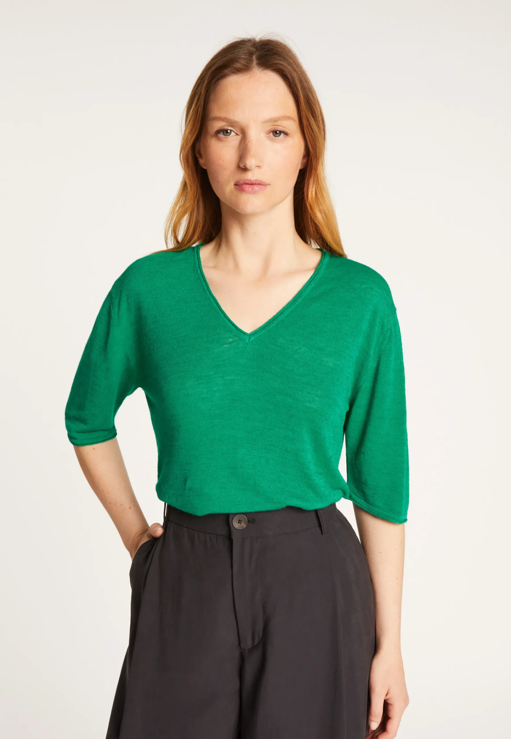 Montagut T-Shirts Et Débardeurs-T-shirt uni en lin flammé col V - Mel 21-Vert foncé