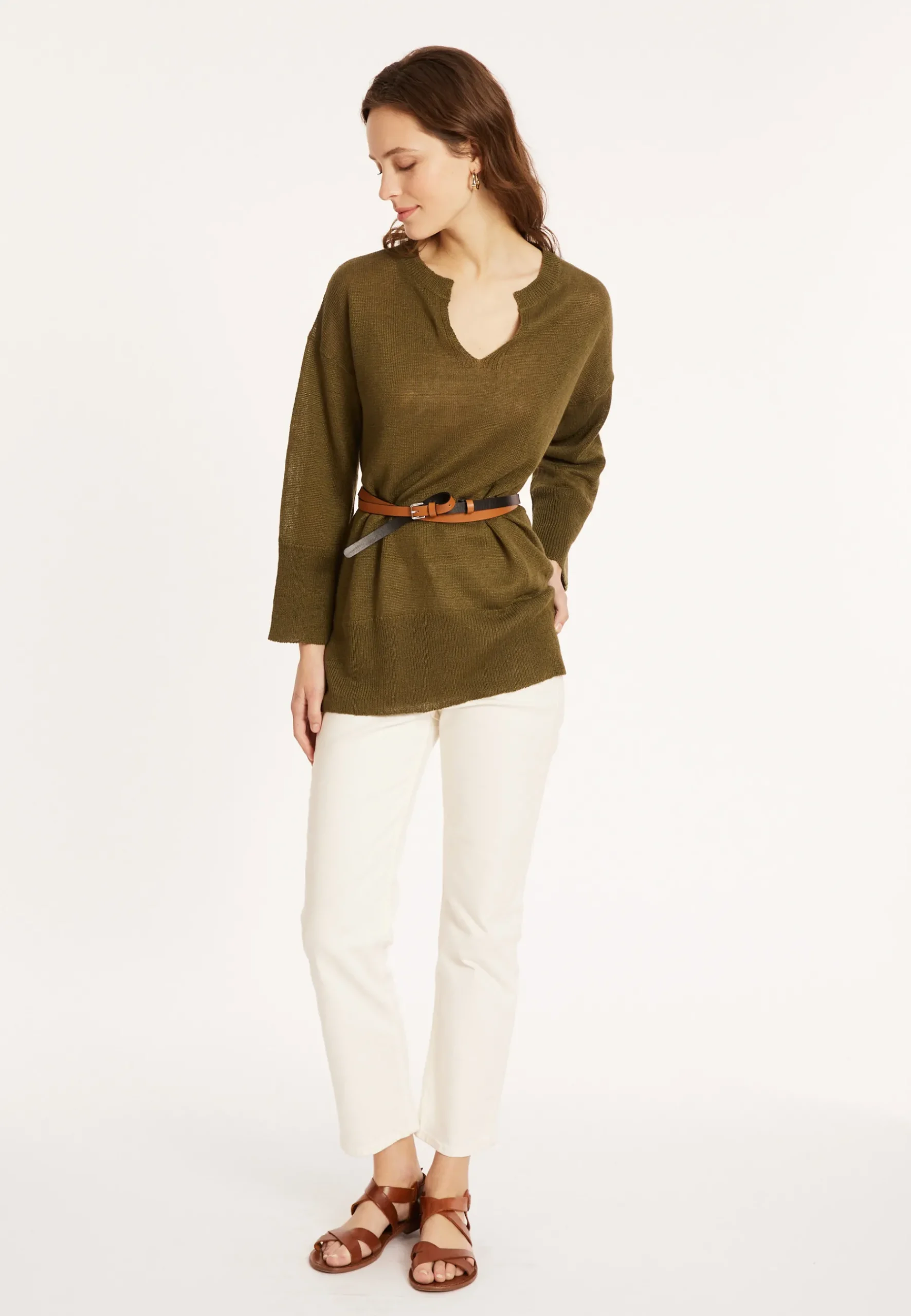 Montagut Pulls-Tunique ample col V en lin - Marielle 83-Kaki