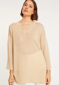 Montagut Pulls-Tunique ample col V en lin - Marielle 12-Beige clair