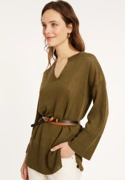 Montagut Pulls-Tunique ample col V en lin - Marielle 83-Kaki